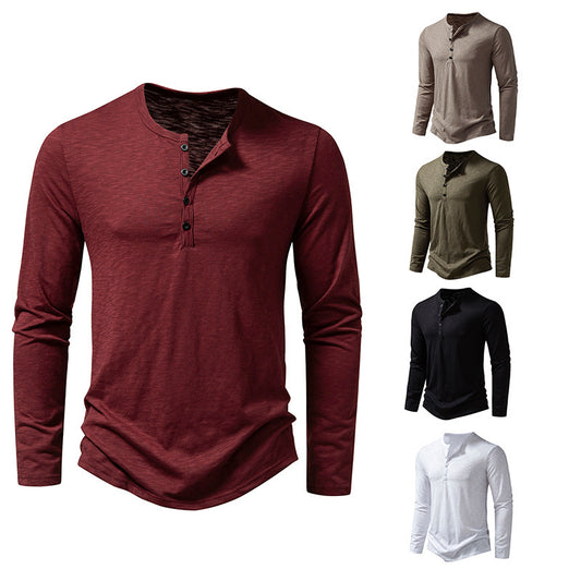 Mens Clothing Long Sleeve T-shirt Fashion Button Henry Collar Tops - Enfance-Heureuse