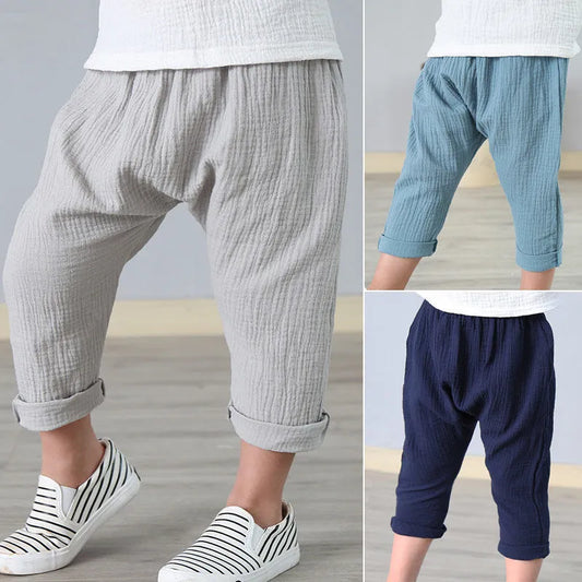 New Summer Kids Cotton And Linen Cropped Trousers Casual Harem Pants - Enfance-Heureuse