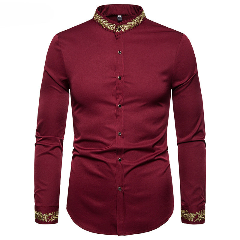 Gold Embroidery White Shirt Men Brand New Stand Collar Mens Dress Shirts Casual Slim Long Sleeve Chemise Homme Camisa Masculina - Enfance-Heureuse