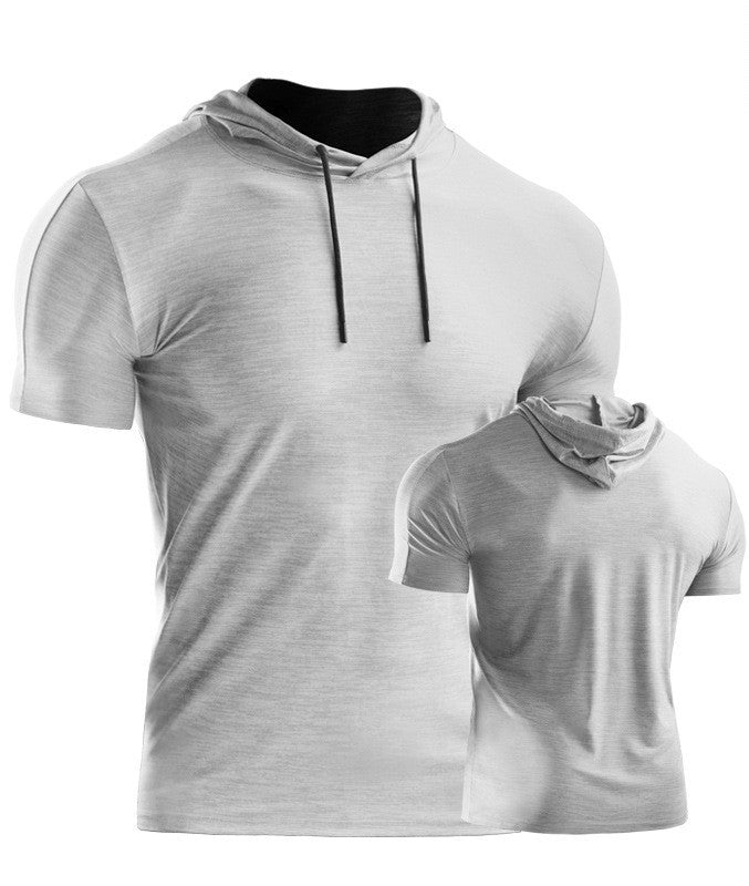 Mens Muscle Hooded Hoodies Short Sleeve T-shirt Sports GYM Slim Fit Tops Blouse - Enfance-Heureuse