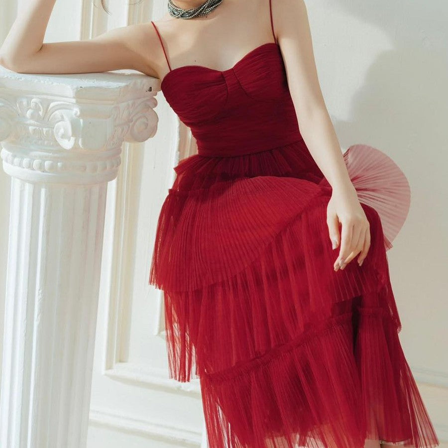 Suspender Spread Chest Temperament Dark Red Flowing Small Dress Long Skirt - Enfance-Heureuse