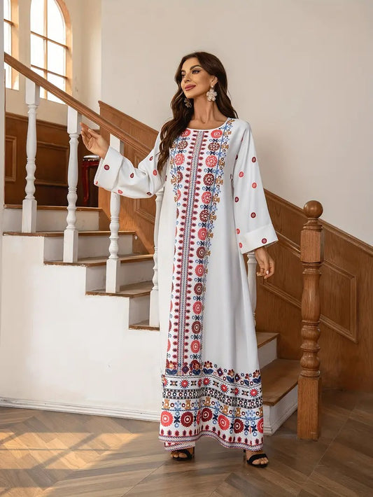 Middle Eastern Muslim Women's Rhinestone Bead Decorative Print And Rolled Up Sleeve Dress - Enfance-Heureuse