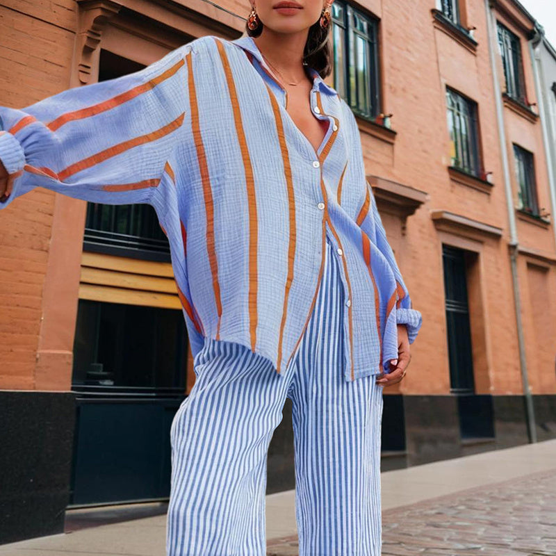 Women's Casual Striped Button-Down Shirt With Drop Sleeves Comfortable Loose-Fit Long Sleeve Top For Spring & Fall - Enfance-Heureuse