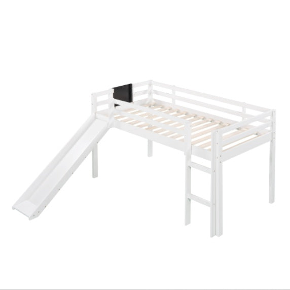 Twin Size Loft Bed Wood Bed With Slide, Stair And Chalkboard,White - Enfance-Heureuse