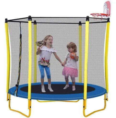 5.5FT Trampoline For Kids -65 Outdoor & Indoor Mini Toddler Trampoline With Enclosure, Basketball Hoop And Ball Included - Enfance-Heureuse