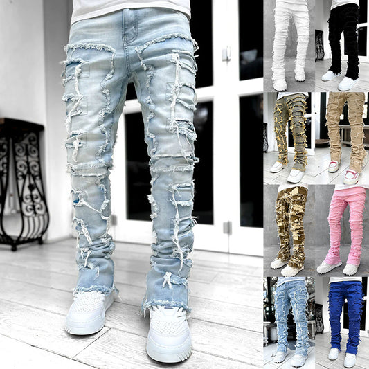Men Trousers Individual Patched Pants Long Tight Fit Stacked Jeans For Mens Clothing - Enfance-Heureuse