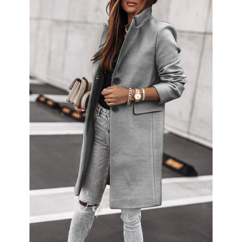 Simplicity Long Sleeve Button Woolen Coat Overcoat - Enfance-Heureuse