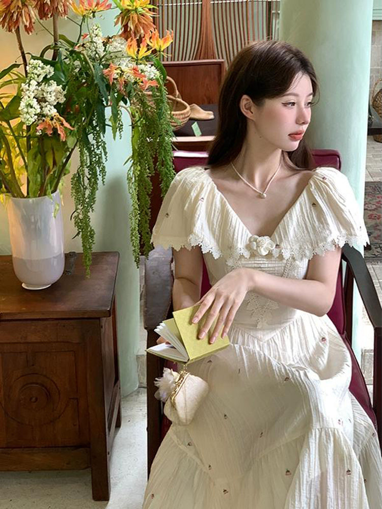 French Vintage Embroidered Floral Dress - Enfance-Heureuse