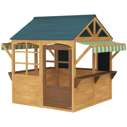 Casita de juegos de madera para exteriores, cabaña infantil plegable con ventanas, puerta corredera, barras de aperitivos y cubiertas impermeables, para niños de 3 a 8 años.
