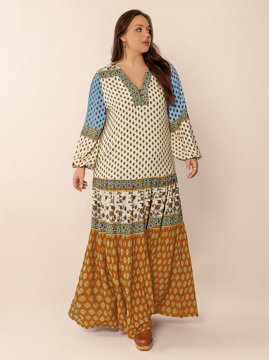 Plus Size Printed V-Neck Balloon Sleeve Maxi Dress - Enfance-Heureuse