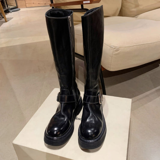 Washed Leather Round Head Chunky Heel Middle Boots Women - Enfance-Heureuse