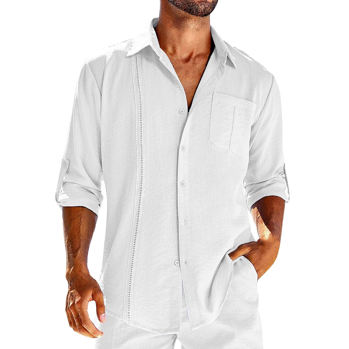 Chemise décontractée à manches longues avec poche, col polo en dentelle, couleur unie, boutons, vêtements pour hommes
