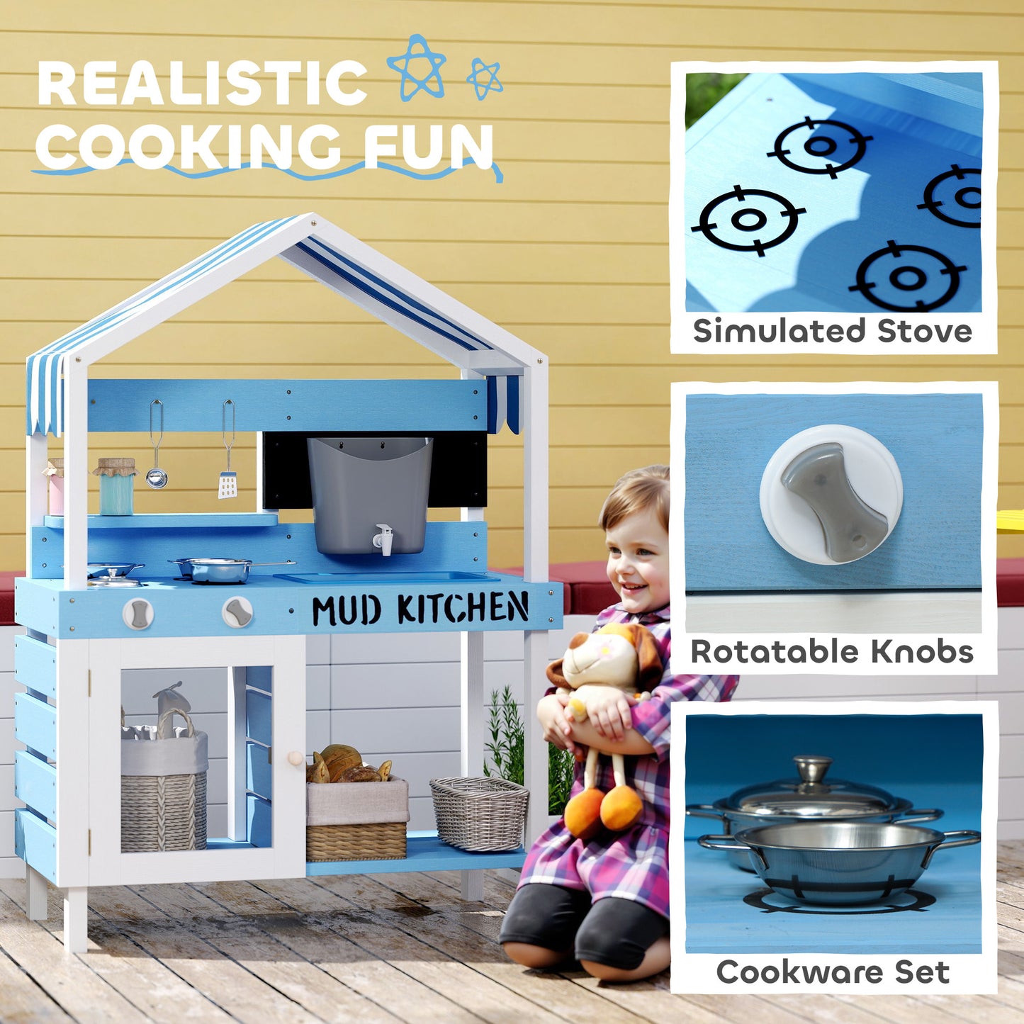 Wooden Mud Kitchen For Kids Outdoor With Sink, Faucet, Water Tank, Storage Shelves, Accessories For Boys And Girls, Blue