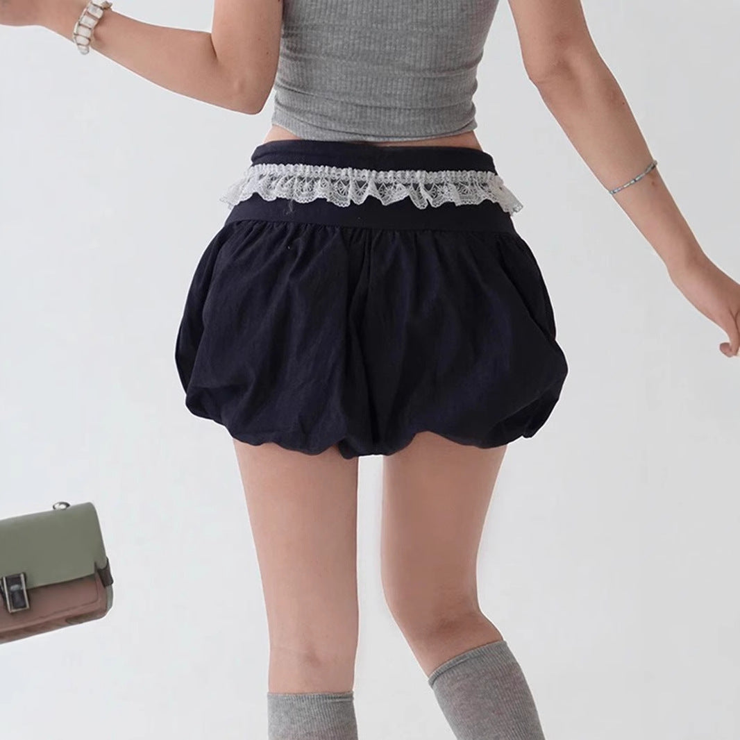 Lace Edge Elastic Waistband Lace-up Loose Shorts For Women - Enfance-Heureuse