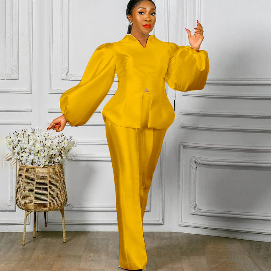 Women's Fashion Solid Color Puff Sleeve Top Wide Leg Pants Two-piece Set - Enfance-Heureuse