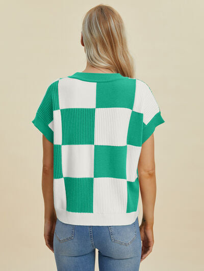 Double Take Full Size Checkered Round Neck Short Sleeve Sweater - Enfance-Heureuse