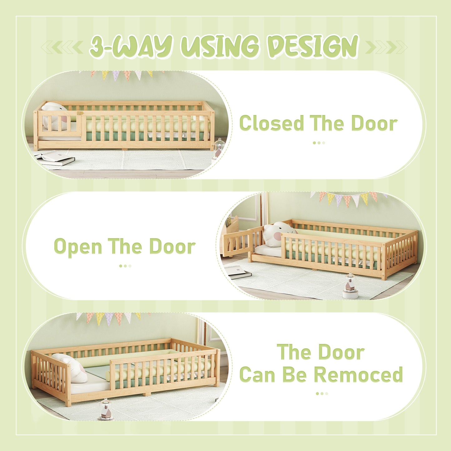 Twin Size Bed Floor Bed With Safety Guardrails And Door For Kids, Natural - Enfance-Heureuse