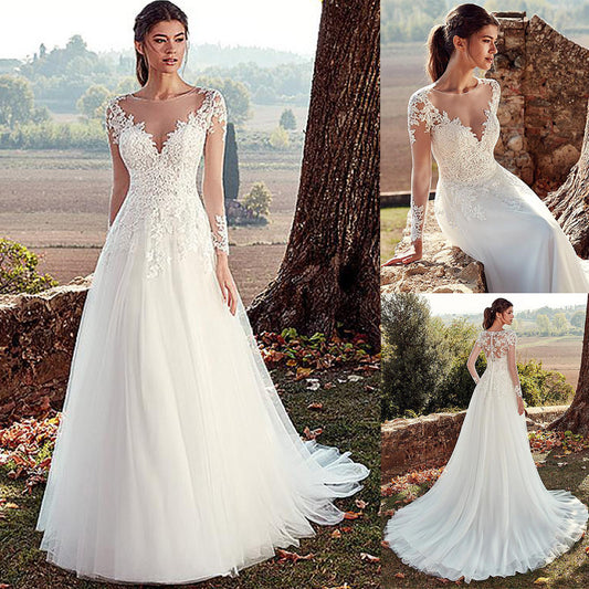 High U-neck Lace Long Sleeve A- Line Long Tail Simple Wedding Dress - Enfance-Heureuse
