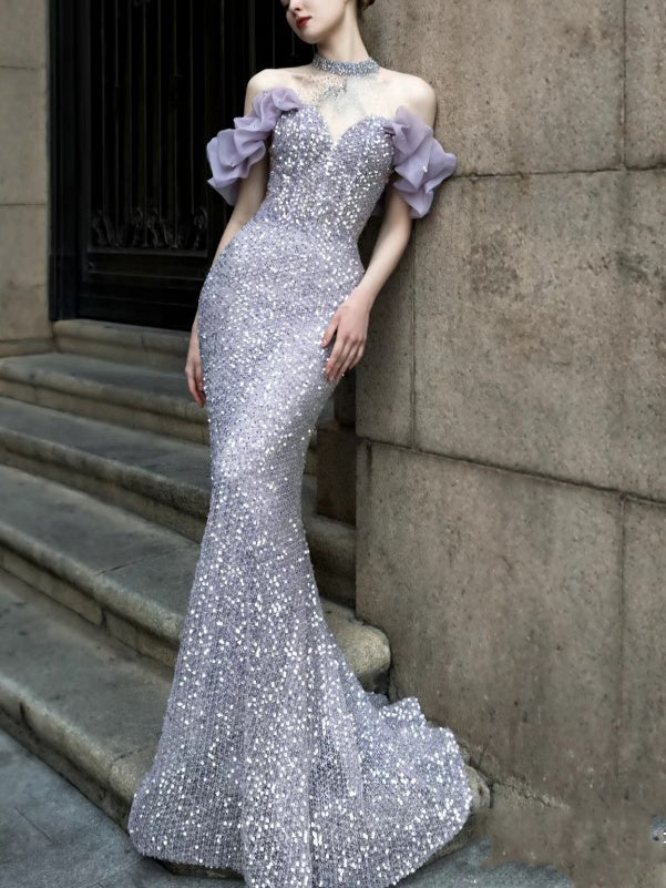 Purple Host Starry Sky Annual Meeting Beaded Toast Dress Halter Model Catwalk Fishtail - Enfance-Heureuse