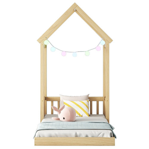 Twin House-shaped Roof Headboard Floor Bed,,without Slats,Natural - Enfance-Heureuse