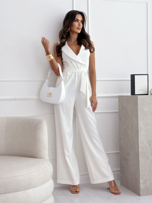 V-neck Sleeveless Jumpsuit With Belt Design Summer Fashion Trousers Women's Clothing - Enfance-Heureuse