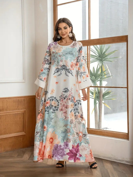Robe caftan longue élégante à imprimé floral