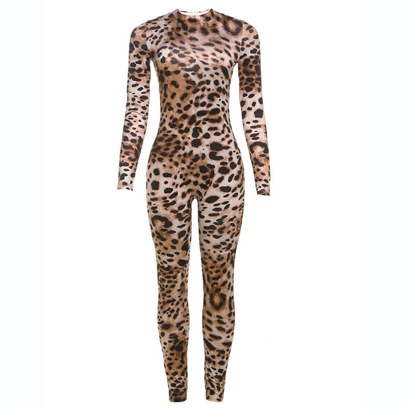 Round Neck Long Sleeve Contrast Color Animal Leopard Color Tight Jumpsuit