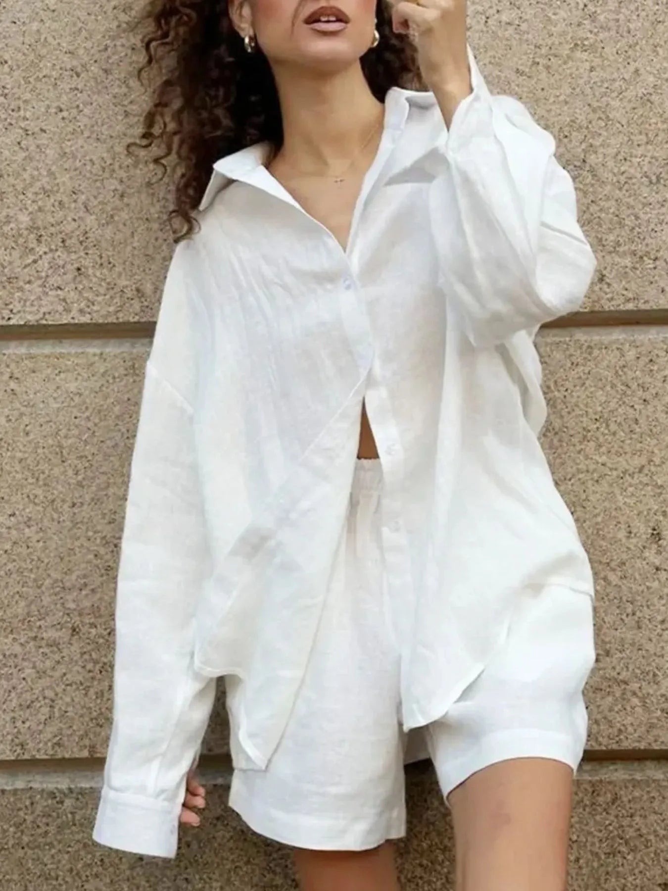 Button Up Long Sleeve Shirt and Shorts Set - Enfance-Heureuse