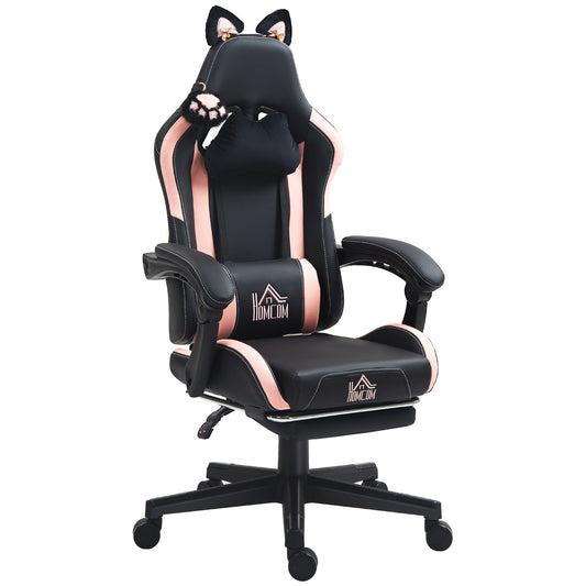 Cute Racing Gamer Chair, Faux Leather Gaming Chair With Footrest, Headrest And Lumbar Support, Black