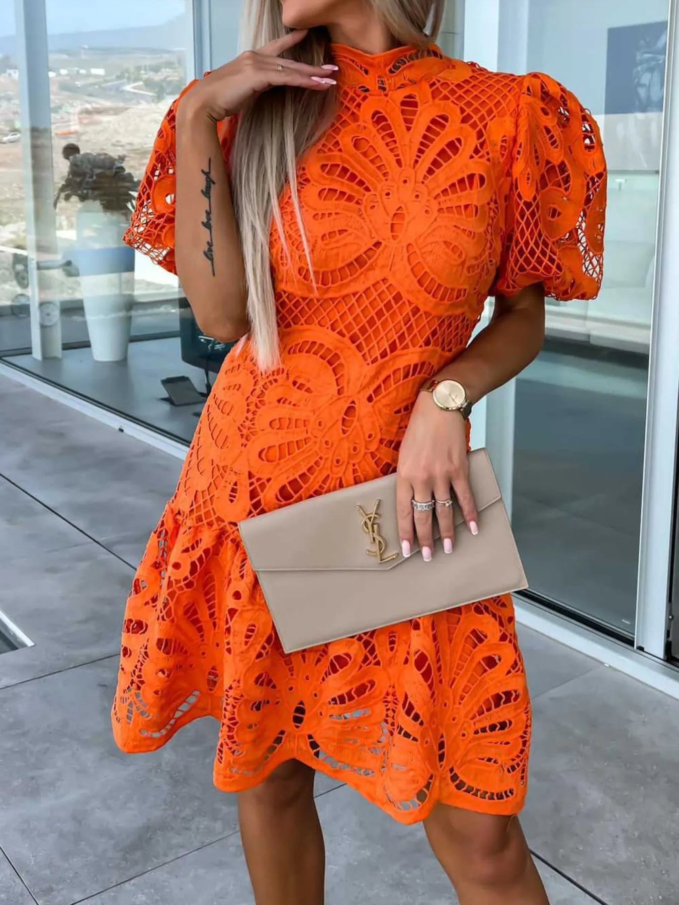 Lace Mock Neck Puff Sleeve Dress - Enfance-Heureuse