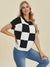 Double Take Full Size Checkered Round Neck Short Sleeve Sweater - Enfance-Heureuse