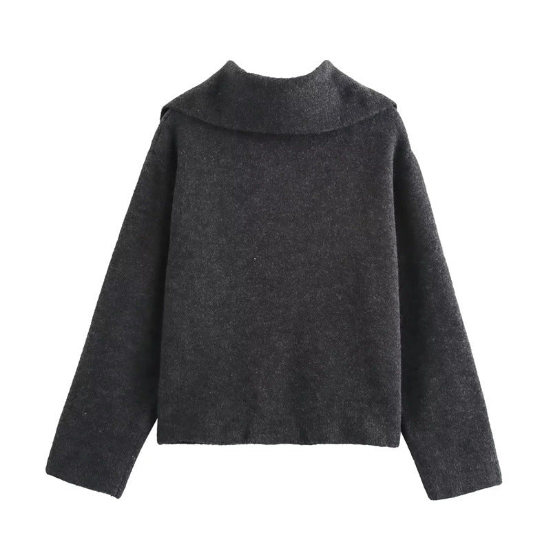 Simple Big Lapel Long Sleeve Pocket Pullover Sweater - Enfance-Heureuse