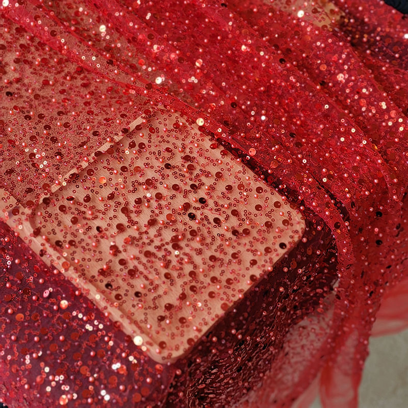 Sequined Pearl Embroidery Lace Asymmetric Single Sleeve Dress - Enfance-Heureuse