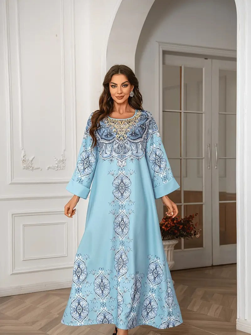 Printed Lace Detail Abaya Long Sleeved Extra Long Dress - Enfance-Heureuse