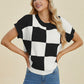 Double Take Full Size Checkered Round Neck Short Sleeve Sweater - Enfance-Heureuse