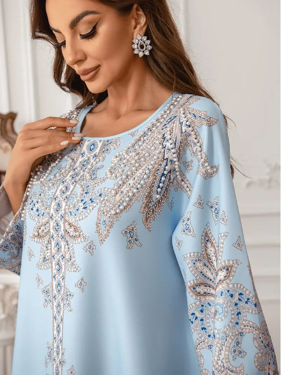 Elegant Floral Print Long Sleeve Abaya Dress - Enfance-Heureuse