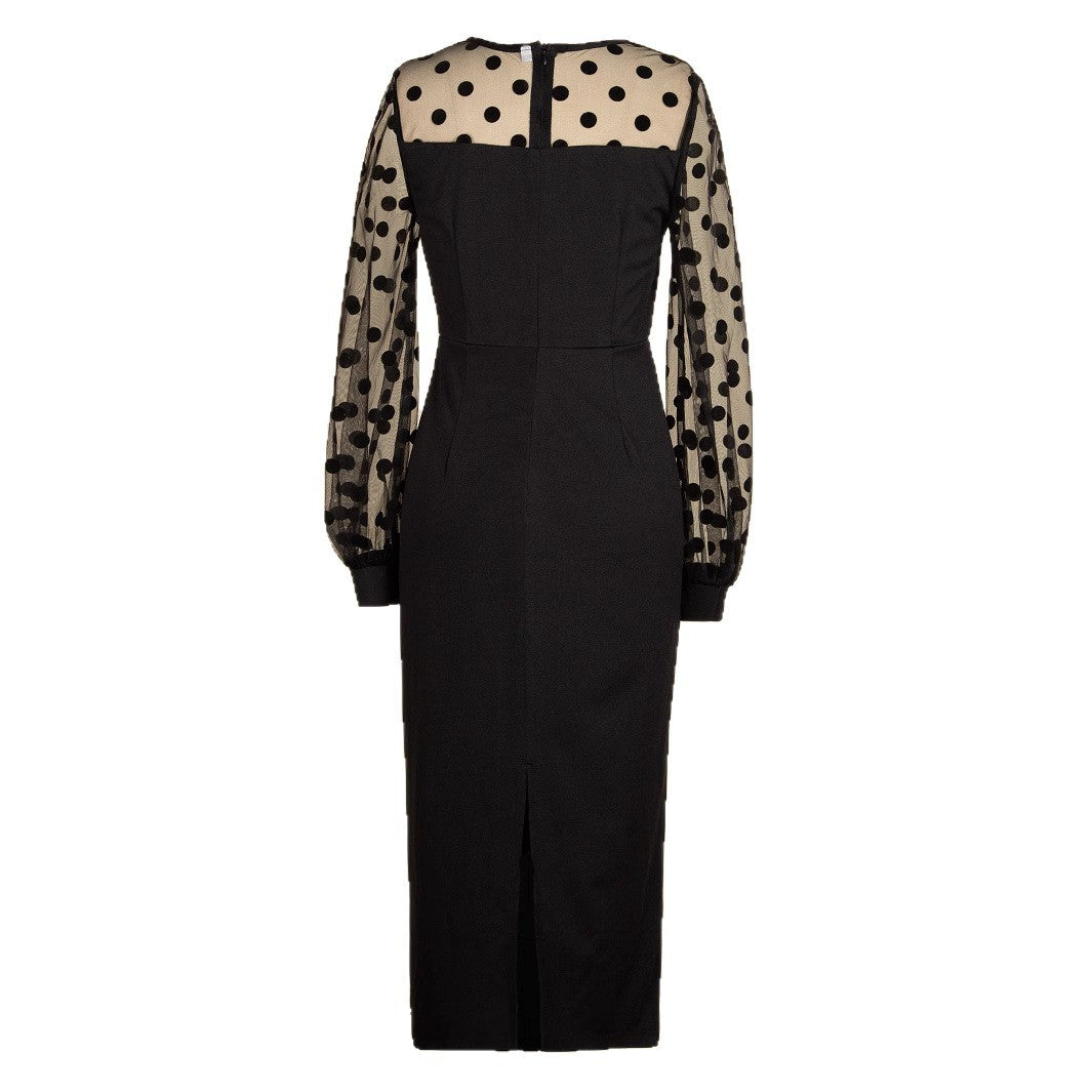 Women's Clothing Dot Mesh Patchwork Waist-slimming Sheath Long Sleeve Dress