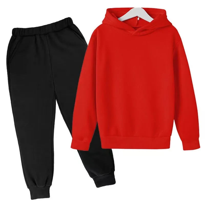 Solid Color Set With Fleece Loose Fitting Hoodie And Pants, Two-piece Set - Enfance-Heureuse