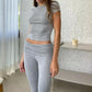 Casual Solid Color Slim Fit Two-piece Pants Set, Short Sleeved Round Neck T-shirt And Tight Flared Pants Sports Pants Clothing, Women's Clothing - Enfance-Heureuse