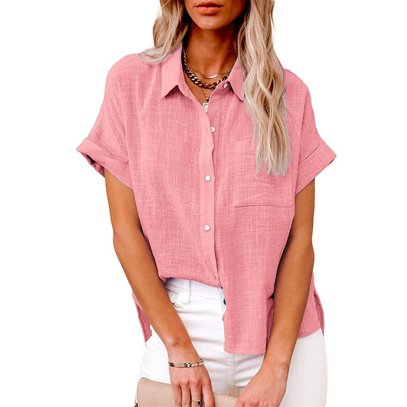 Summer Lapel Short Sleeve Shirt With Pockets Fashion Casual Solid Color Button Tops Women's Clothing - Enfance-Heureuse