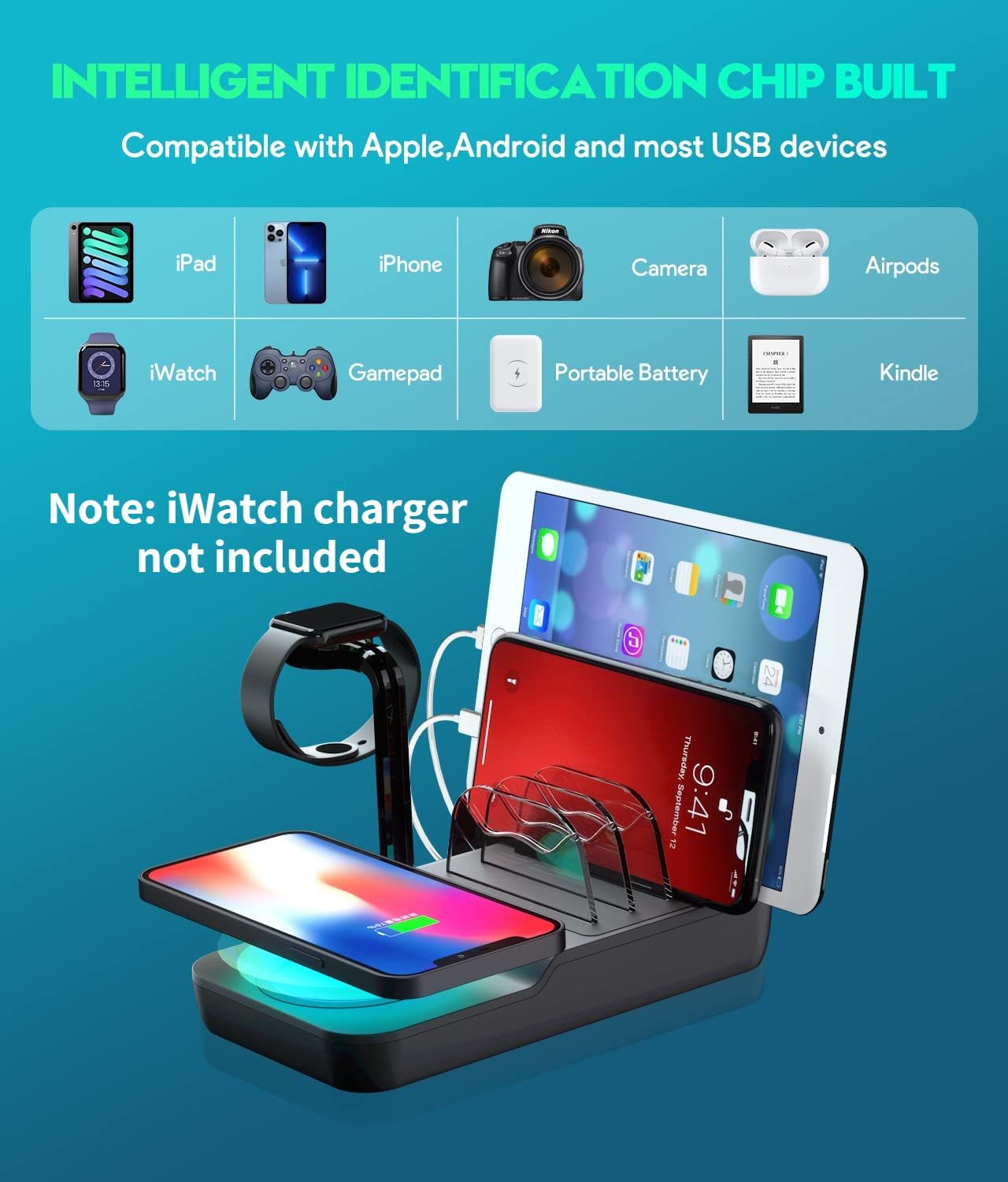 70W Charging Station For Multiple Devices, 5 In 1 Fast Charging Dock With 10W Max Wireless Charger And 4 Ports , 30W USB C PD Fast Charging For IPad, IPhone,Tablets,Kindle - Enfance-Heureuse