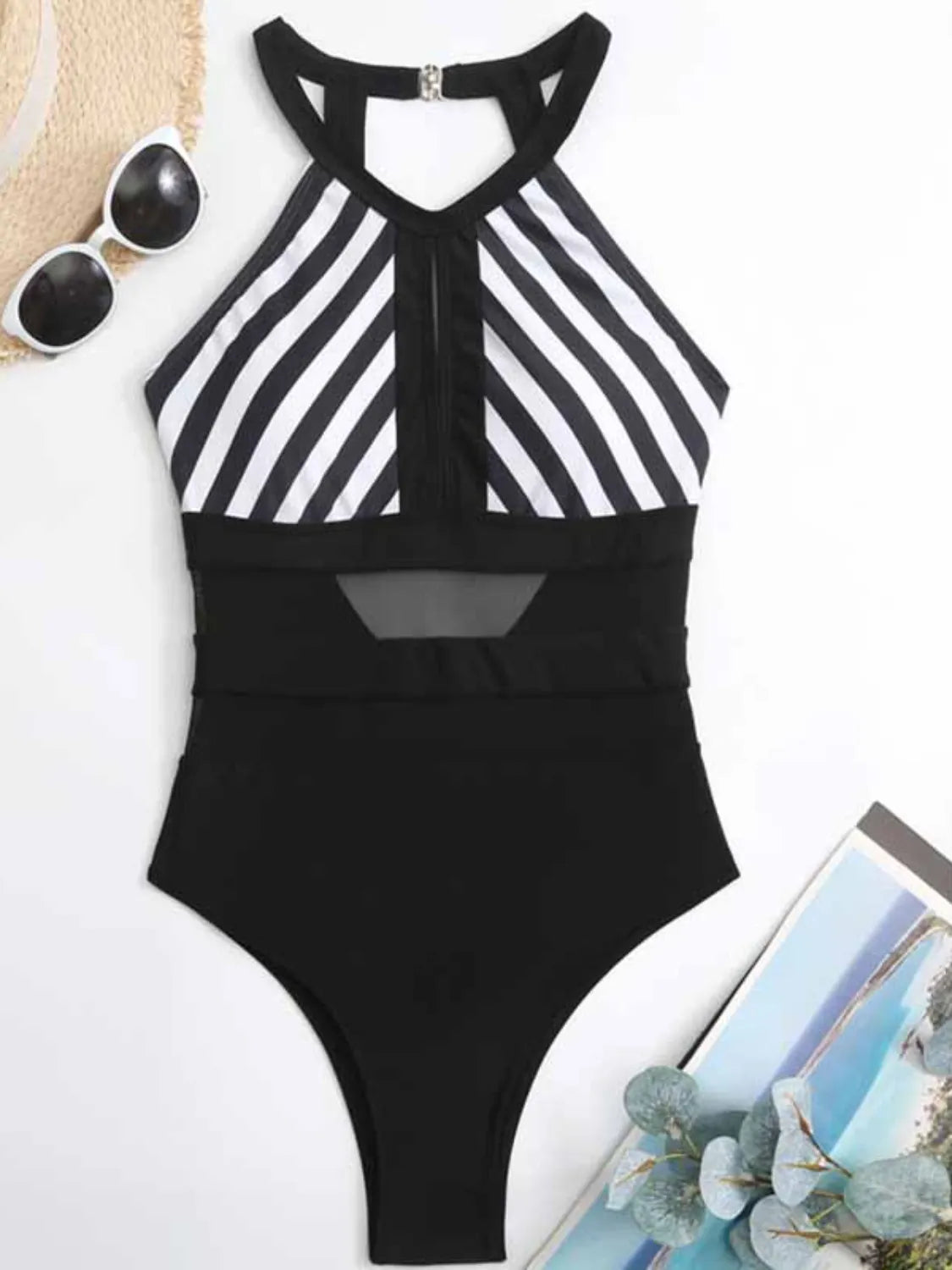 Mesh Detail Backless Striped One-Piece Swimsuit - Enfance-Heureuse
