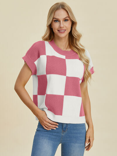 Double Take Full Size Checkered Round Neck Short Sleeve Sweater - Enfance-Heureuse