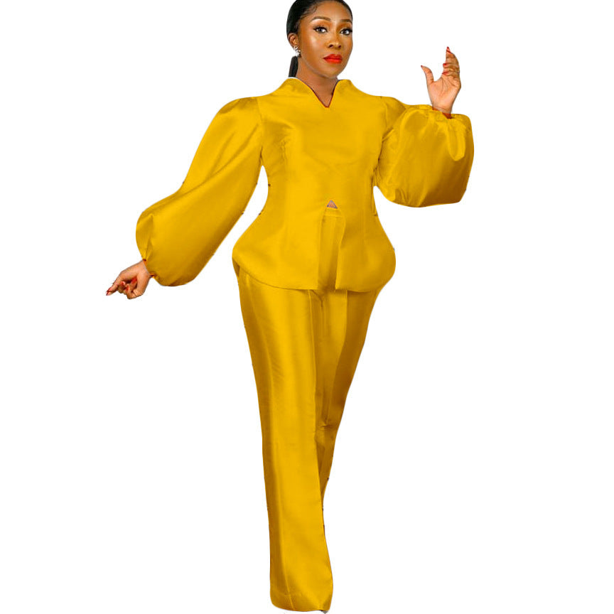 Women's Fashion Solid Color Puff Sleeve Top Wide Leg Pants Two-piece Set - Enfance-Heureuse