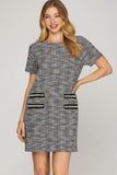 She + Sky Full Size Short Sleeve Pearl Studded Trim Knit Tweed Dress Plus Size