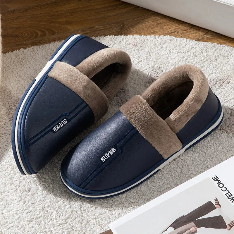 Leather Slippers Waterproof Thick Bottom Indoor Non-slip Warm Shoes - Enfance-Heureuse