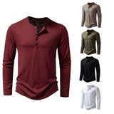 Mens Clothing Long Sleeve T-shirt Fashion Button Henry Collar Tops - Enfance-Heureuse