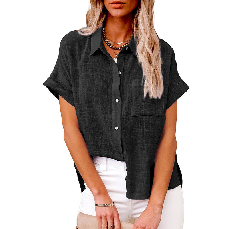 Summer Lapel Short Sleeve Shirt With Pockets Fashion Casual Solid Color Button Tops Women's Clothing - Enfance-Heureuse
