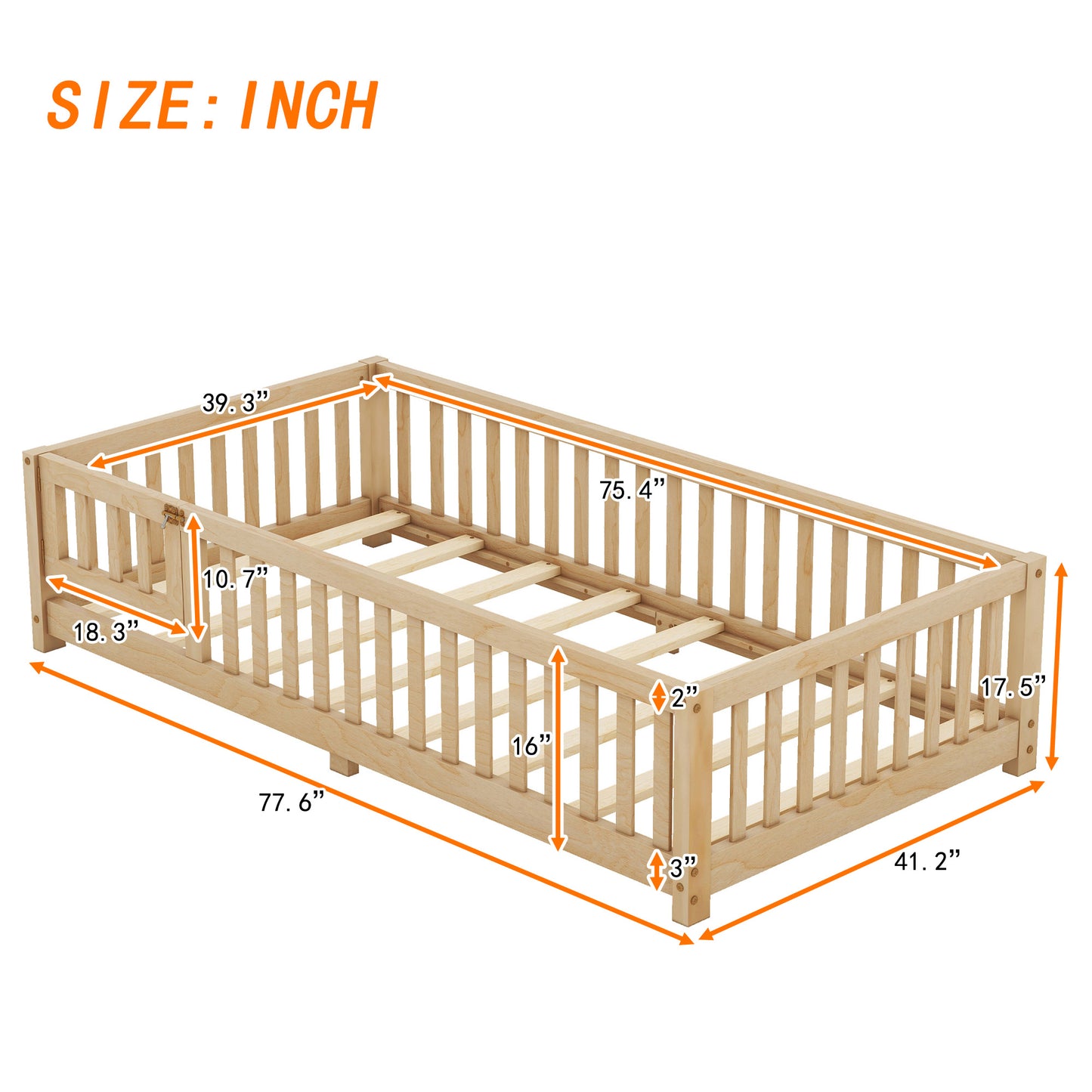 Twin Size Bed Floor Bed With Safety Guardrails And Door For Kids, Natural - Enfance-Heureuse