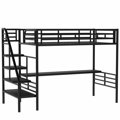 Metal Loft Bed Frame With Desk, No Box Spring Needed,Twin ,Black - Enfance-Heureuse